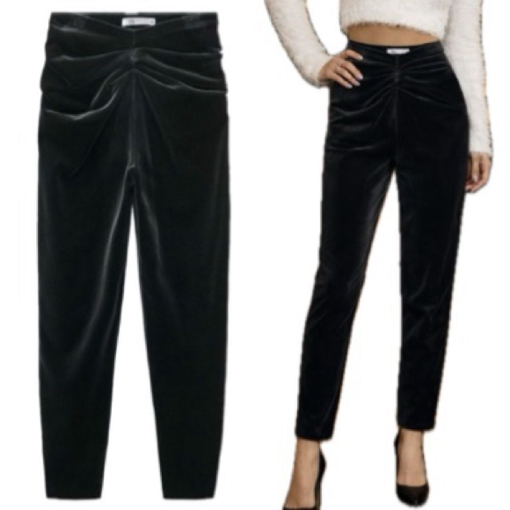 Zara Velvet Pants Womens Size XS Black Ruched Front High Rise Tapered Leg Plush